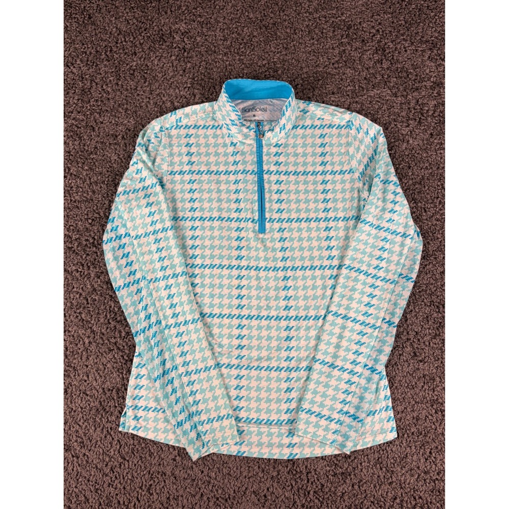 SanSoleil SolCool Womens Blue White Houndstooth Quarter Zip Golf Top Small